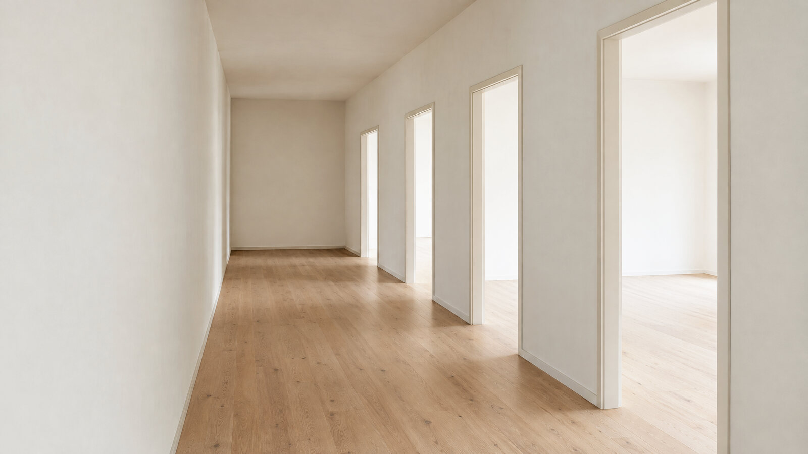 A bright corridor with four open doors