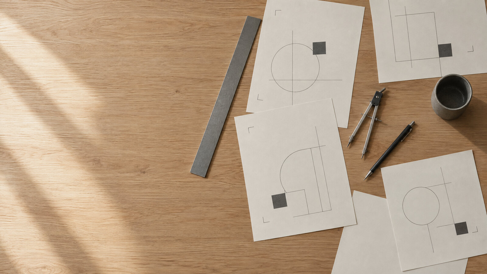Une table de travail vue du dessus : feuilles de plan, règle et crayons