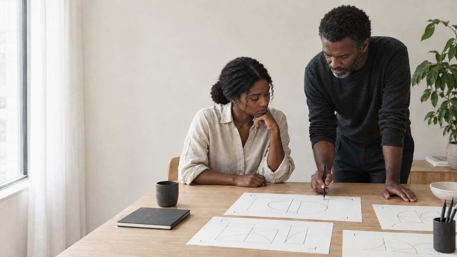 Two people reviewing proofs laid on a large table