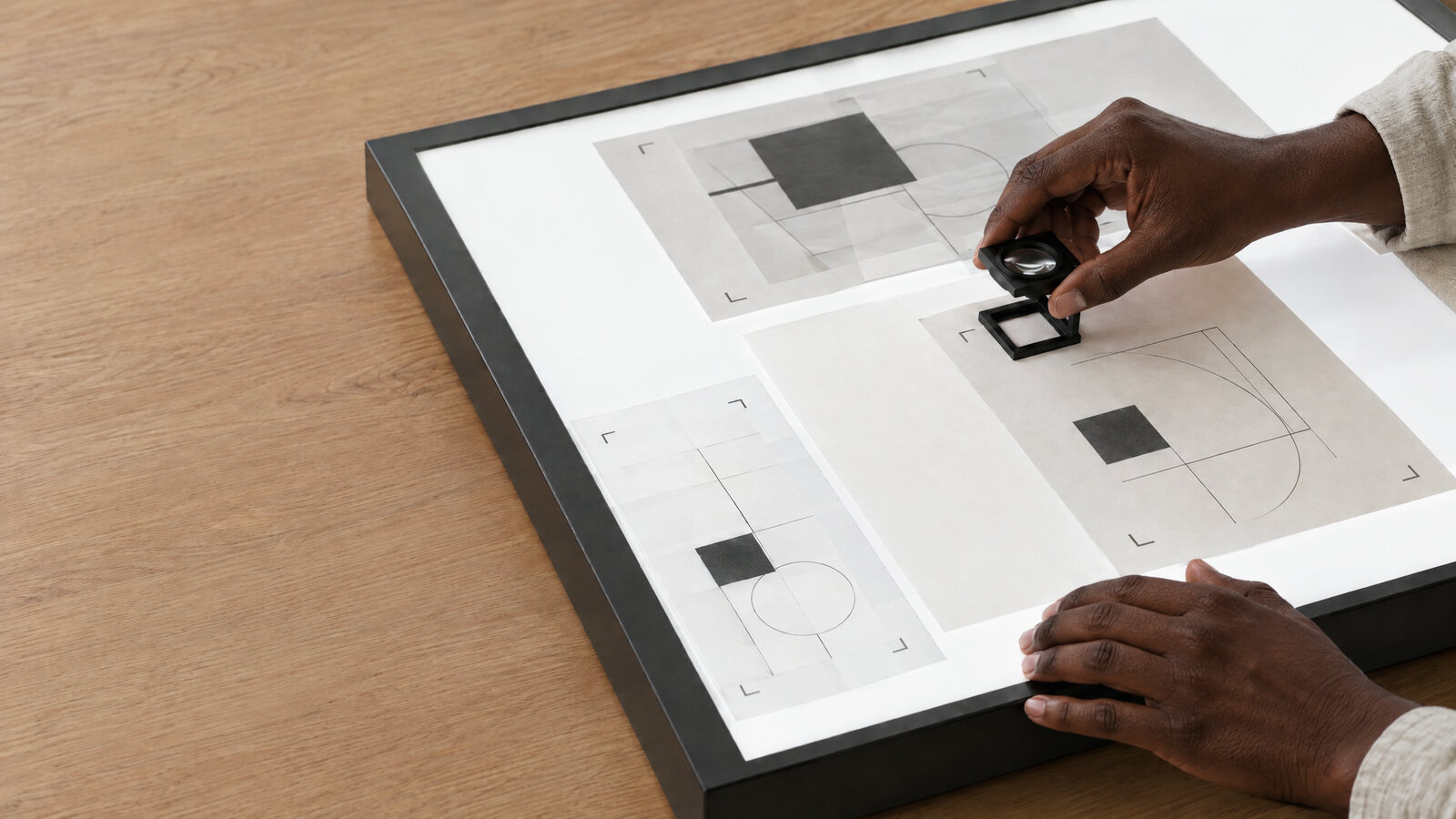 Proofs laid on a light table, a hand adjusting a loupe