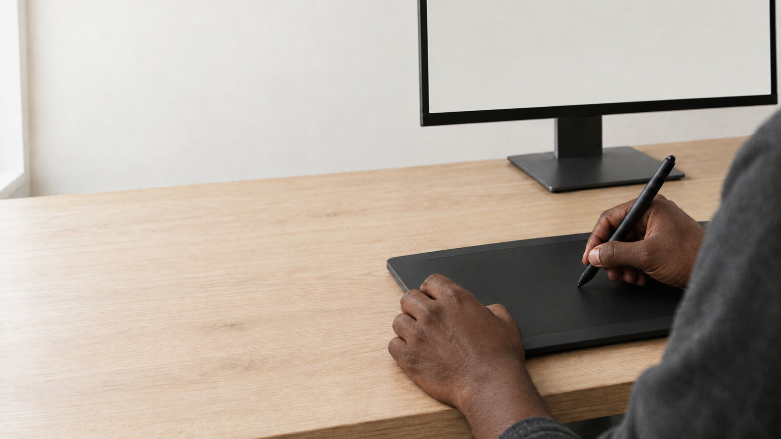 Hands on a graphics tablet, in front of a screen