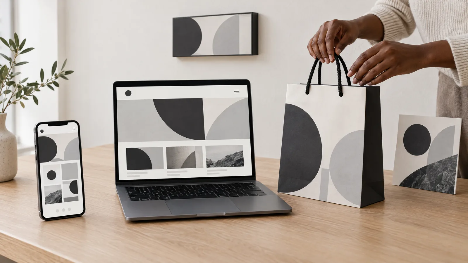 Un téléphone, un ordinateur, un sac, une enseigne et un post qui partagent les mêmes formes noires et grises