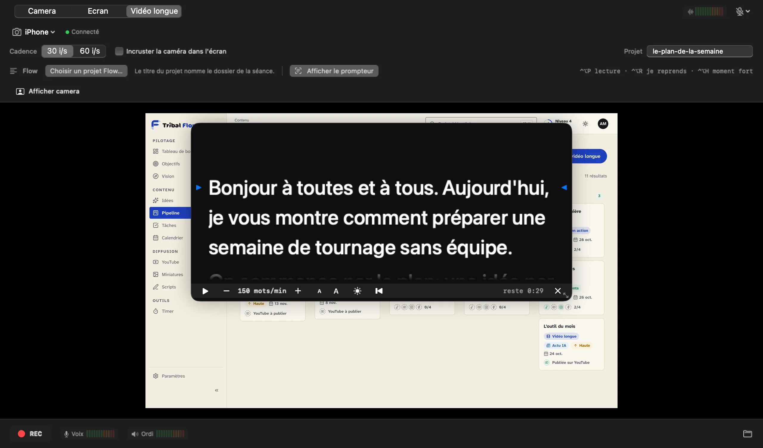 CapturePlus avec le prompteur ouvert au-dessus de l’aperçu de l’écran, texte d’exemple