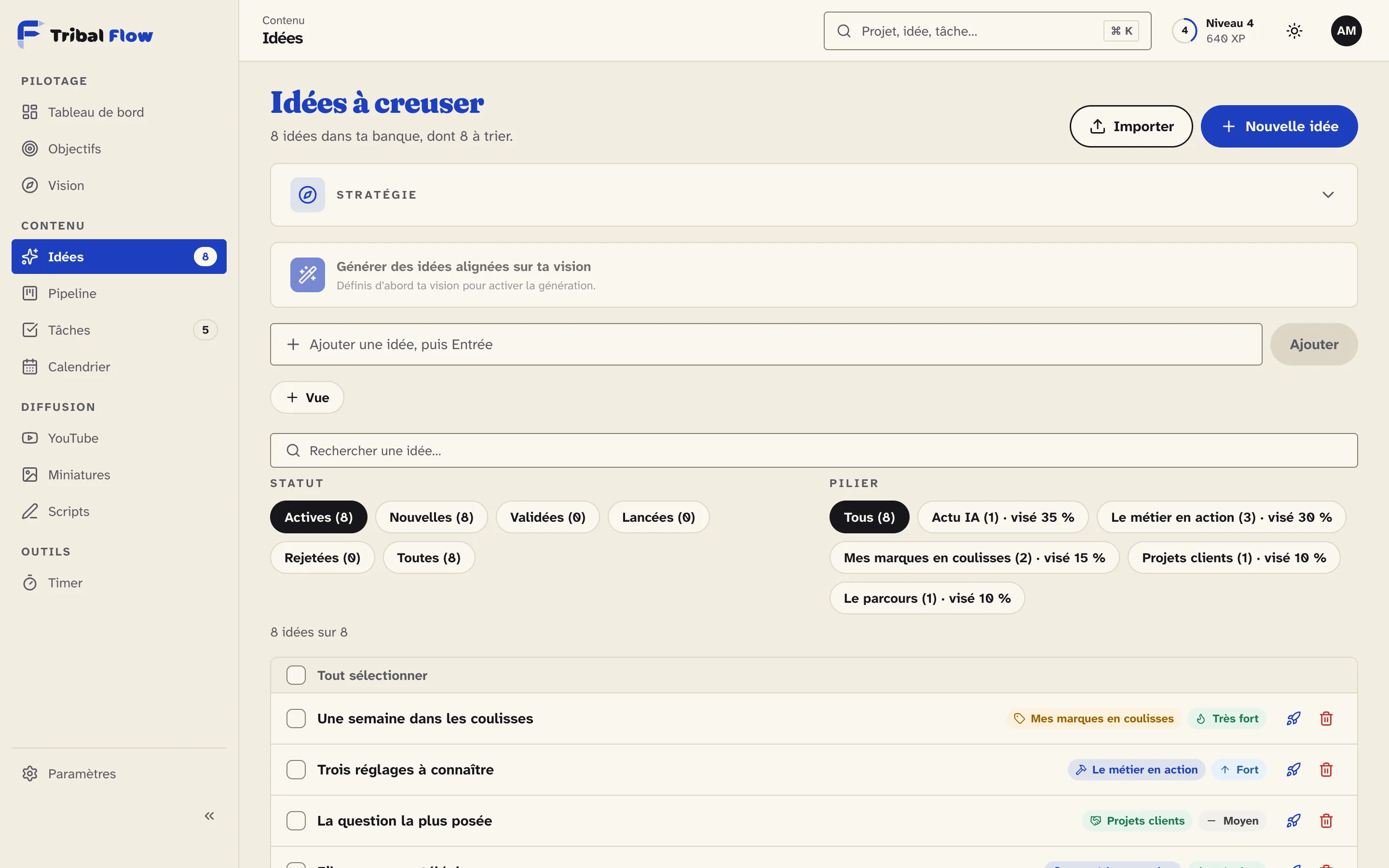 Banque d’idées de Tribal Flow, avec des filtres par thème et une liste d’idées, données d’exemple