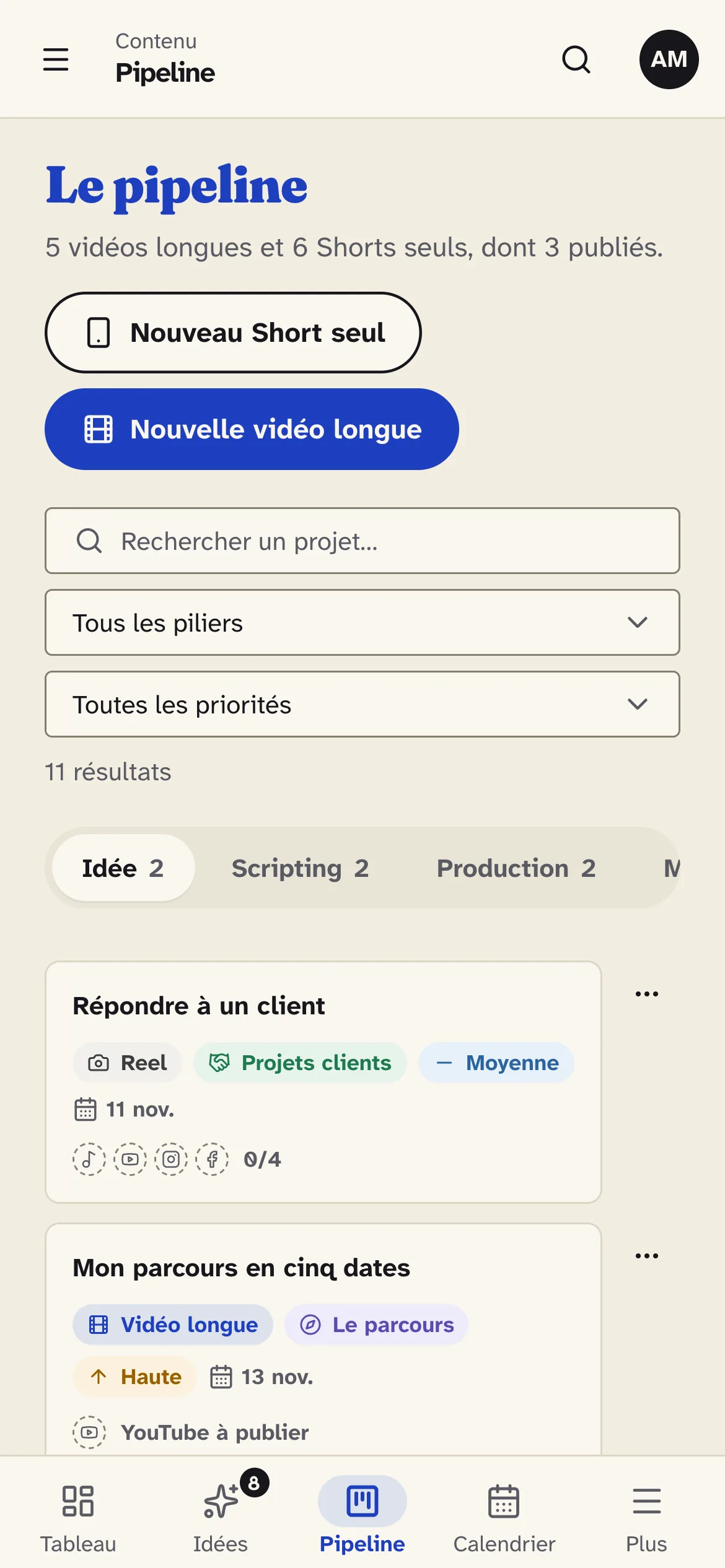 Colonnes de production de Tribal Flow sur téléphone, données d’exemple