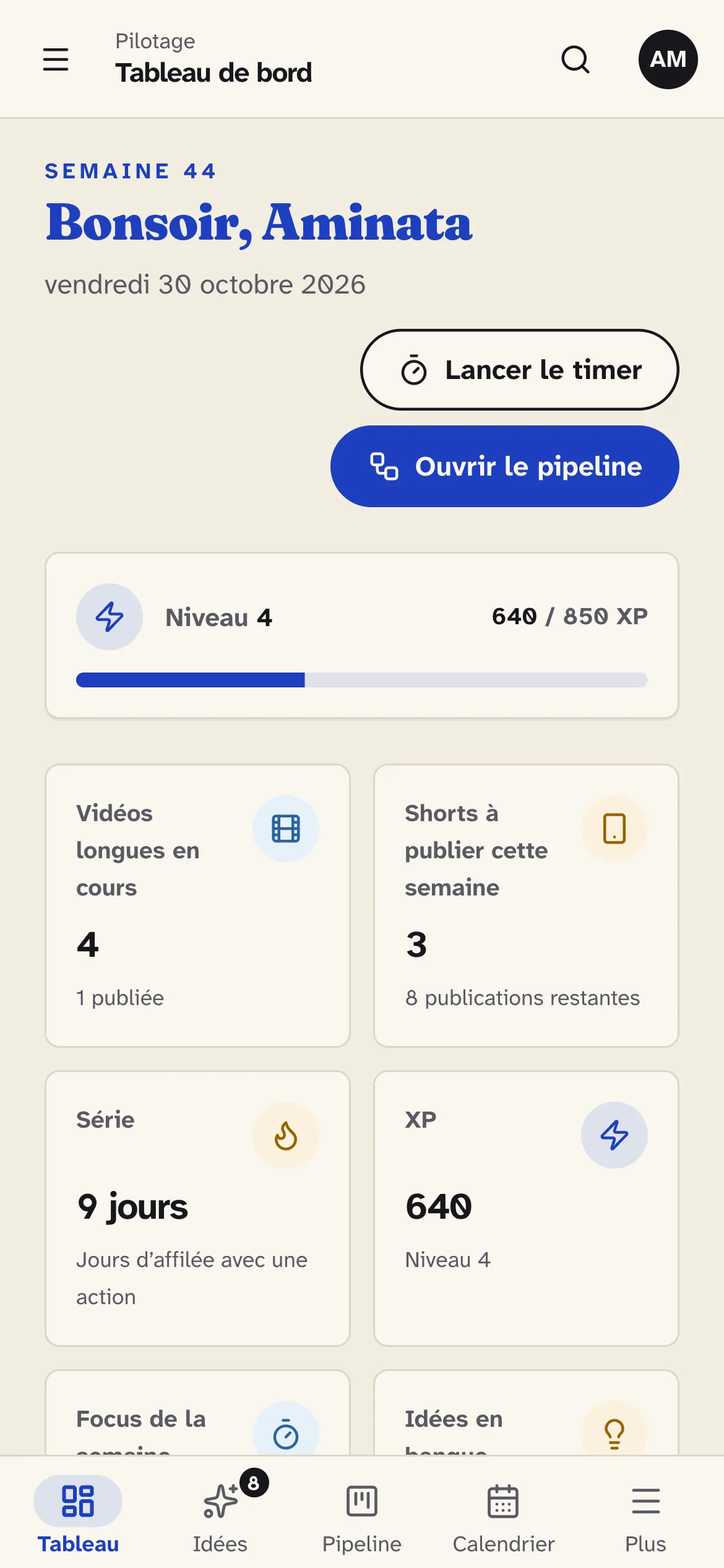 Tableau de bord de Tribal Flow sur téléphone, données d’exemple