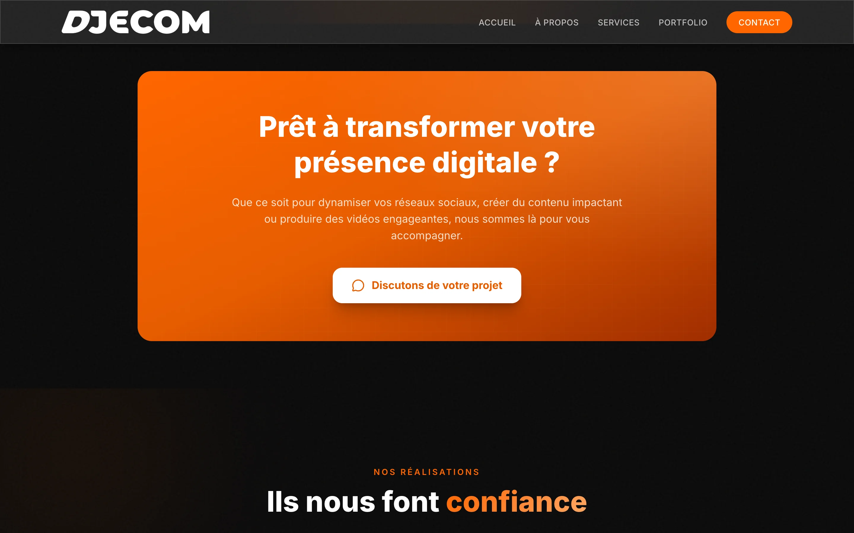Capture du site Djecom : bloc orange avec le titre « Prêt à transformer votre présence digitale ? » et un bouton blanc