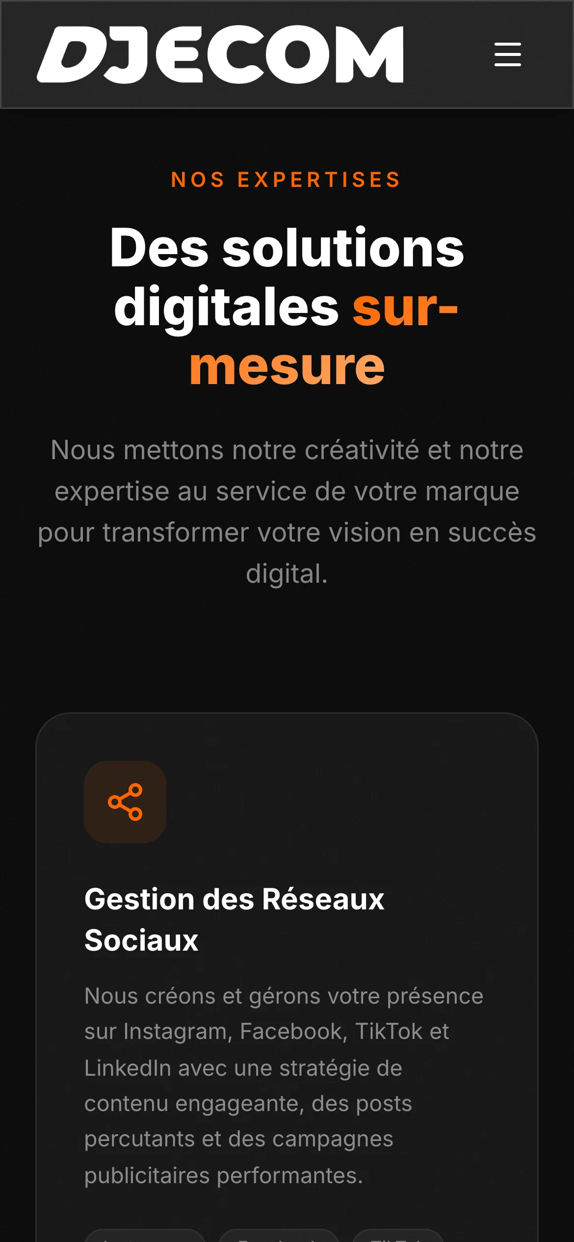 Capture sur téléphone du site Djecom : titre des expertises et première carte de service