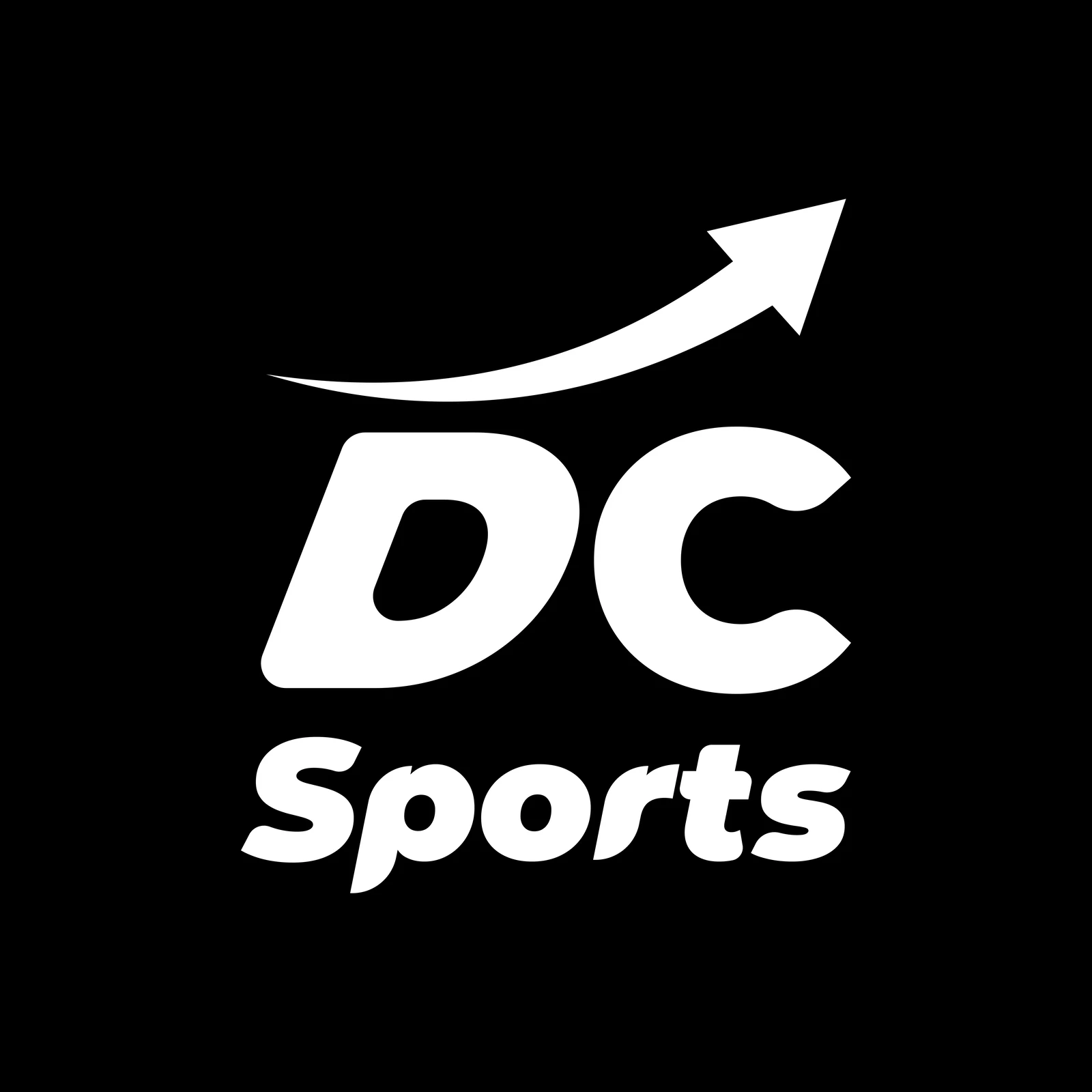 Monogramme DC avec une flèche qui monte, en blanc sur fond noir