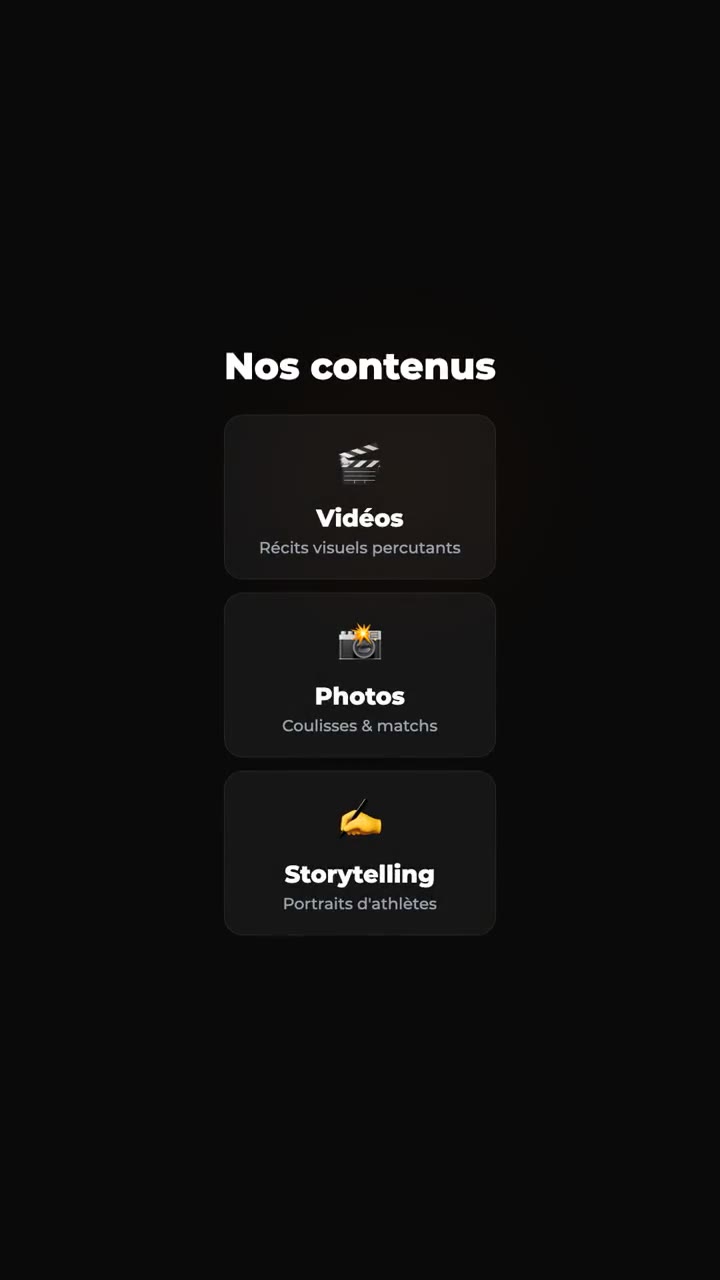 Vidéo verticale de Djecom : « Nos contenus », trois cartes sur fond noir