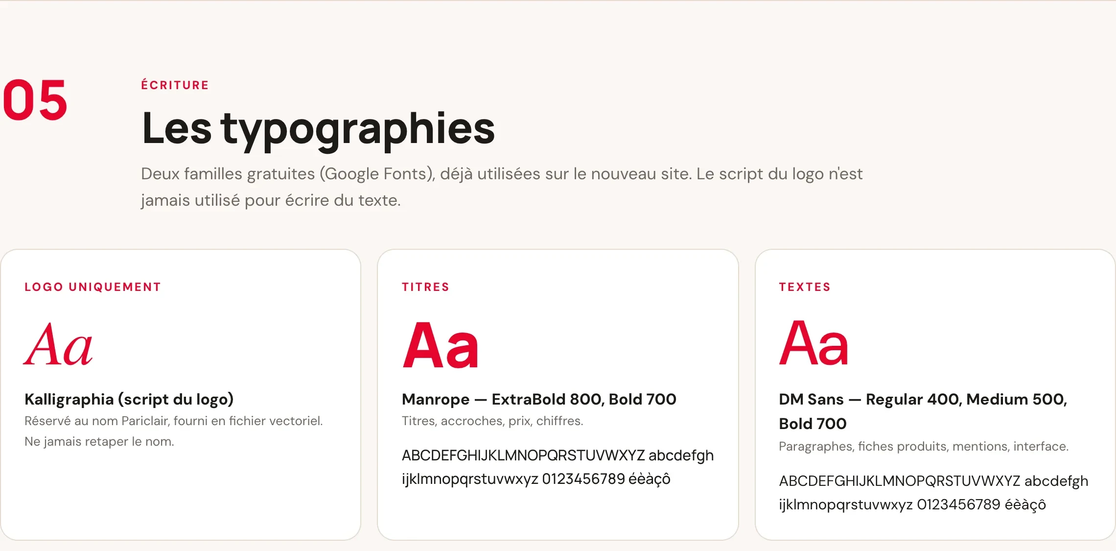 Les trois polices de la marque : Kalligraphia pour le logo, Manrope pour les titres, DM Sans pour les textes