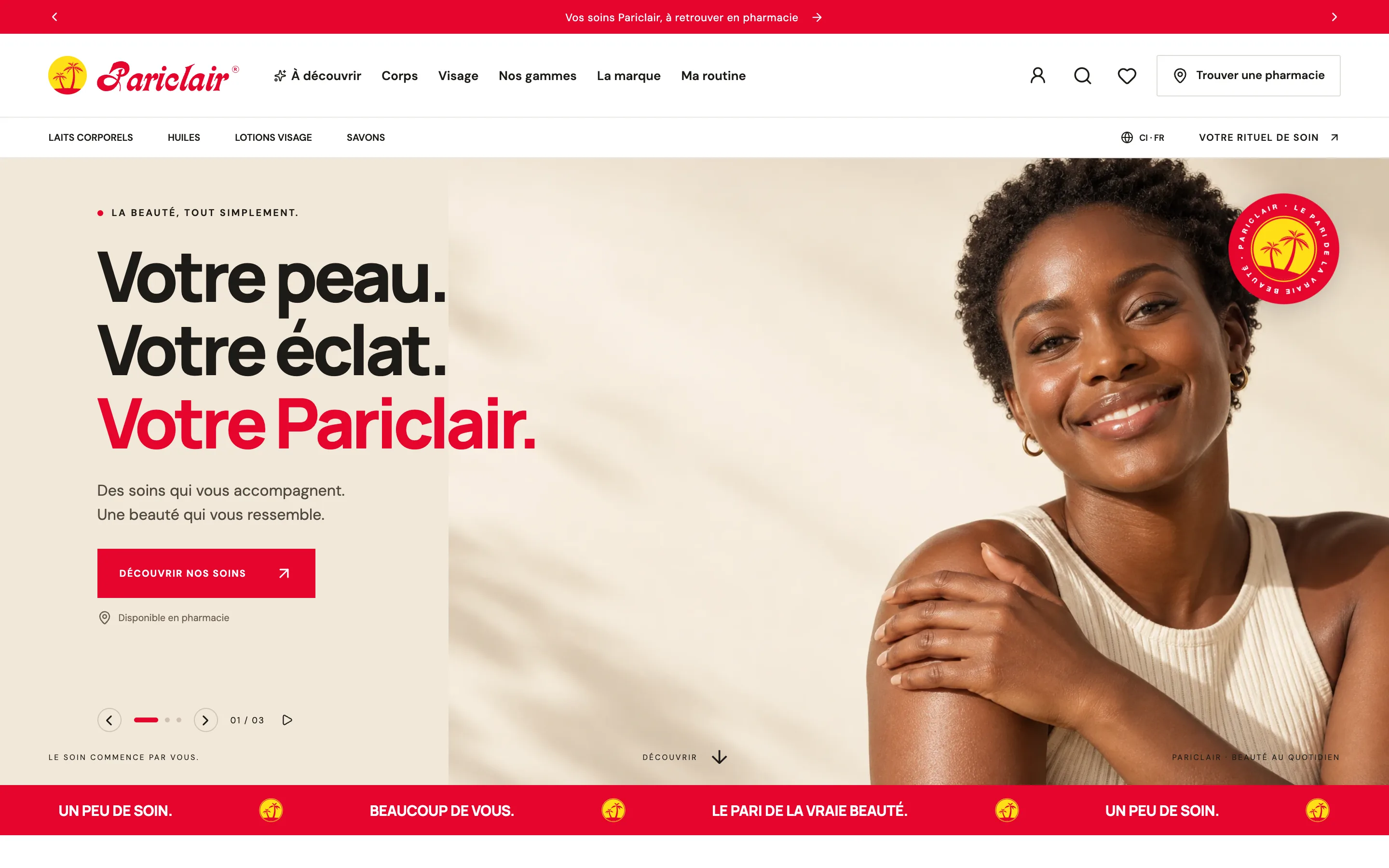 Accueil du site Pariclair sur ordinateur : « Votre peau. Votre éclat. Votre Pariclair. » et un portrait de femme souriante