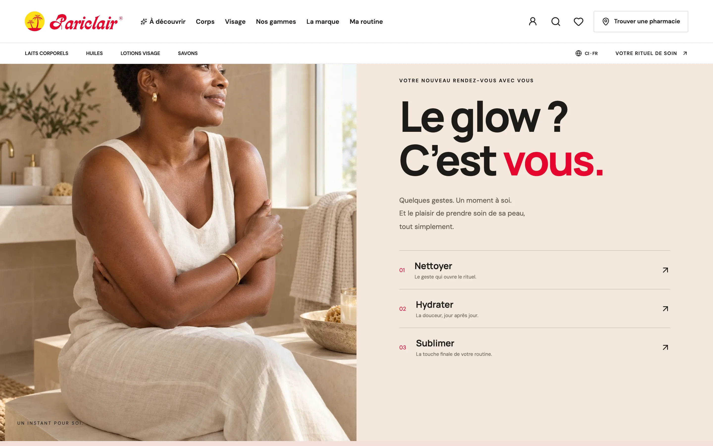 Section du site avec trois gestes : nettoyer, hydrater, sublimer