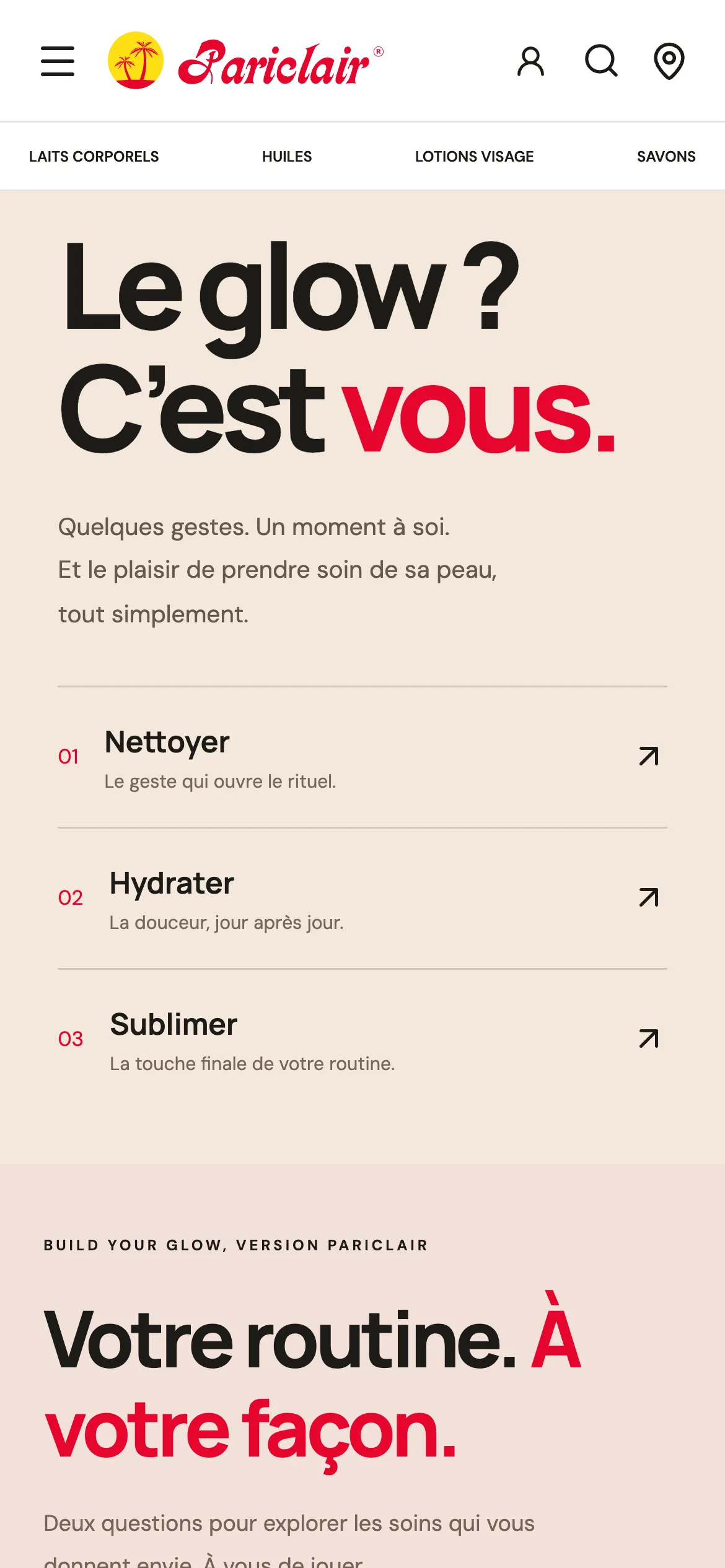 Section « Le glow ? C’est vous. » du site Pariclair sur téléphone