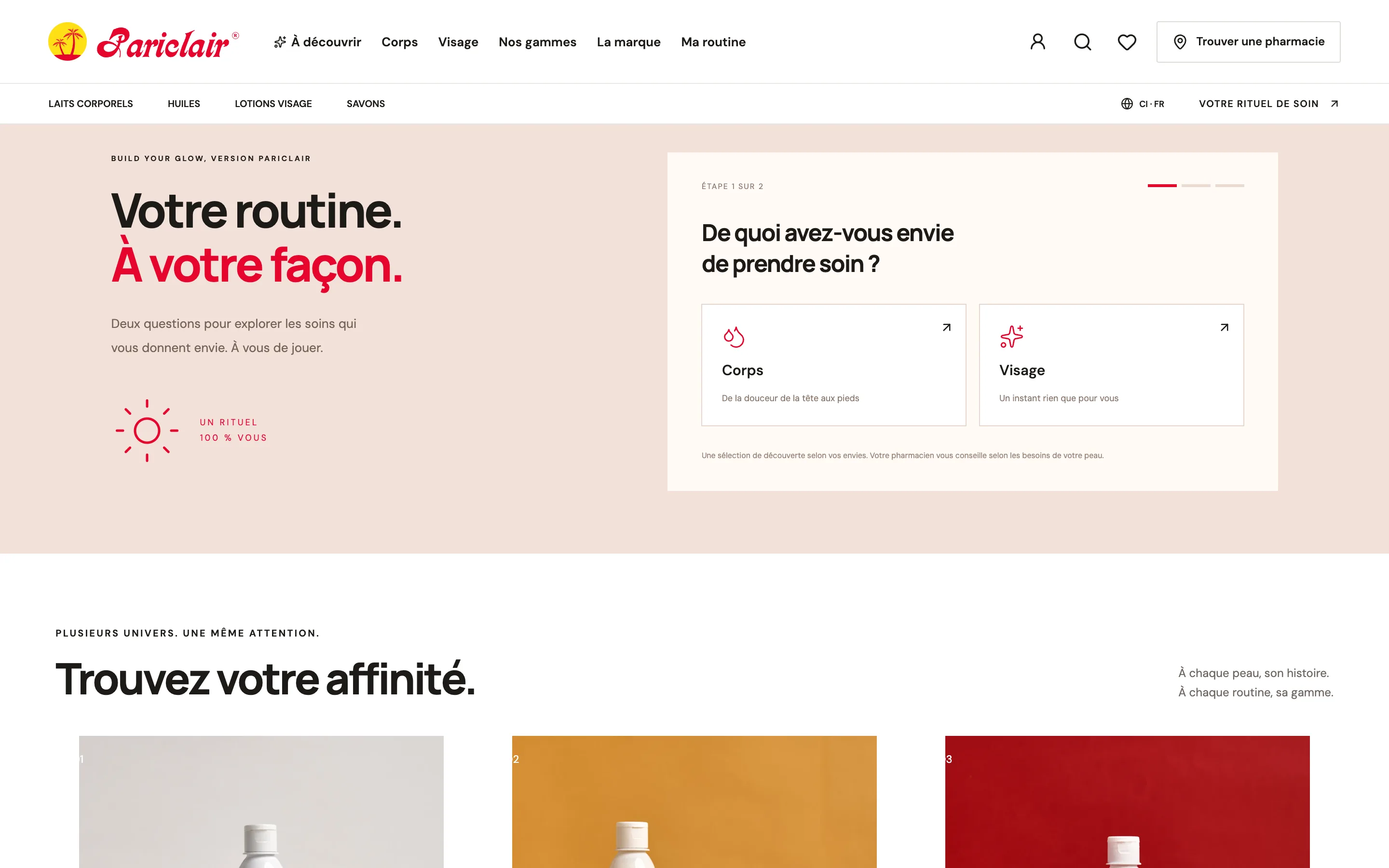 Section du site où l’on choisit entre soin du corps et soin du visage