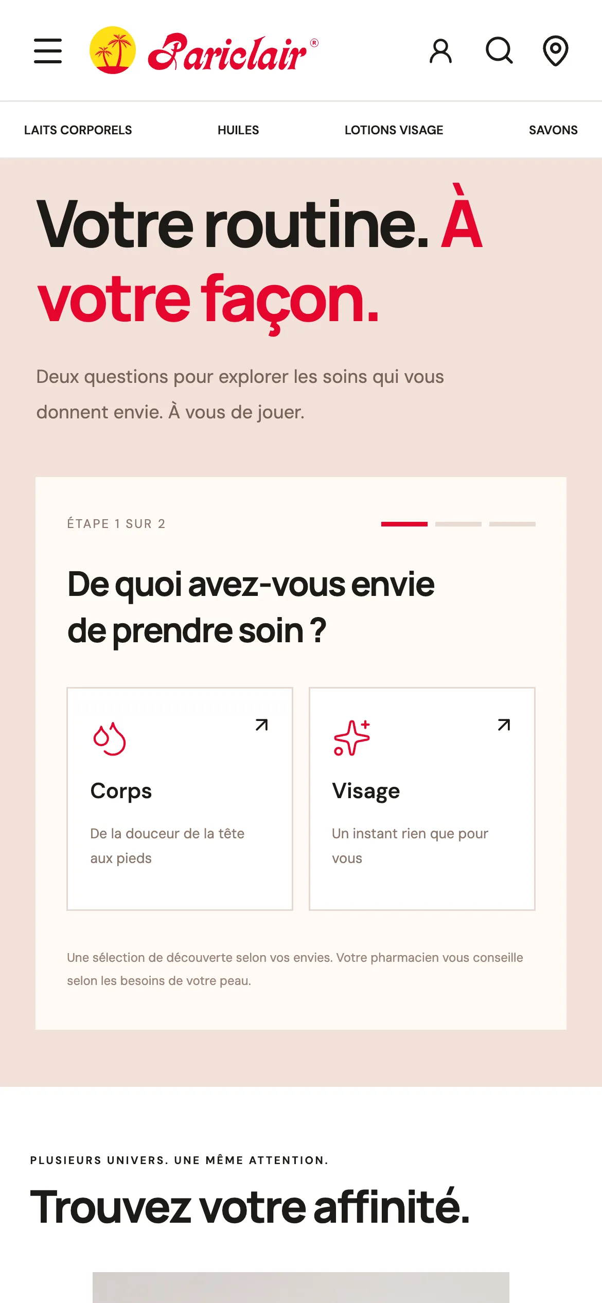 Section « Votre routine. À votre façon. » du site Pariclair sur téléphone