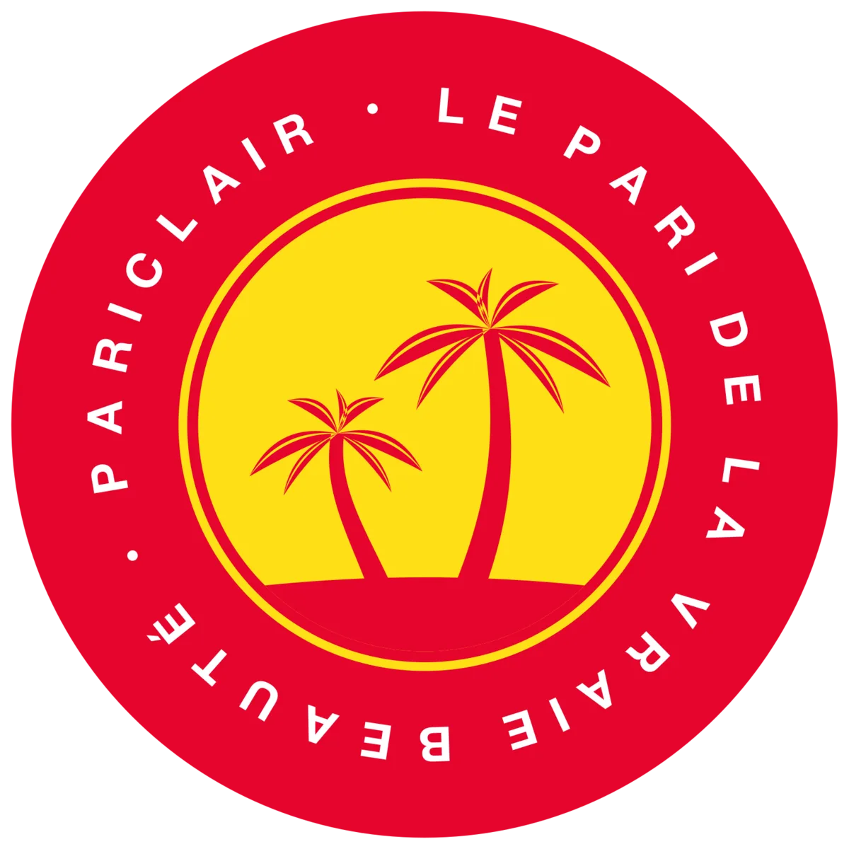 Sceau rond rouge et jaune avec le logo Soleil et la signature en cercle