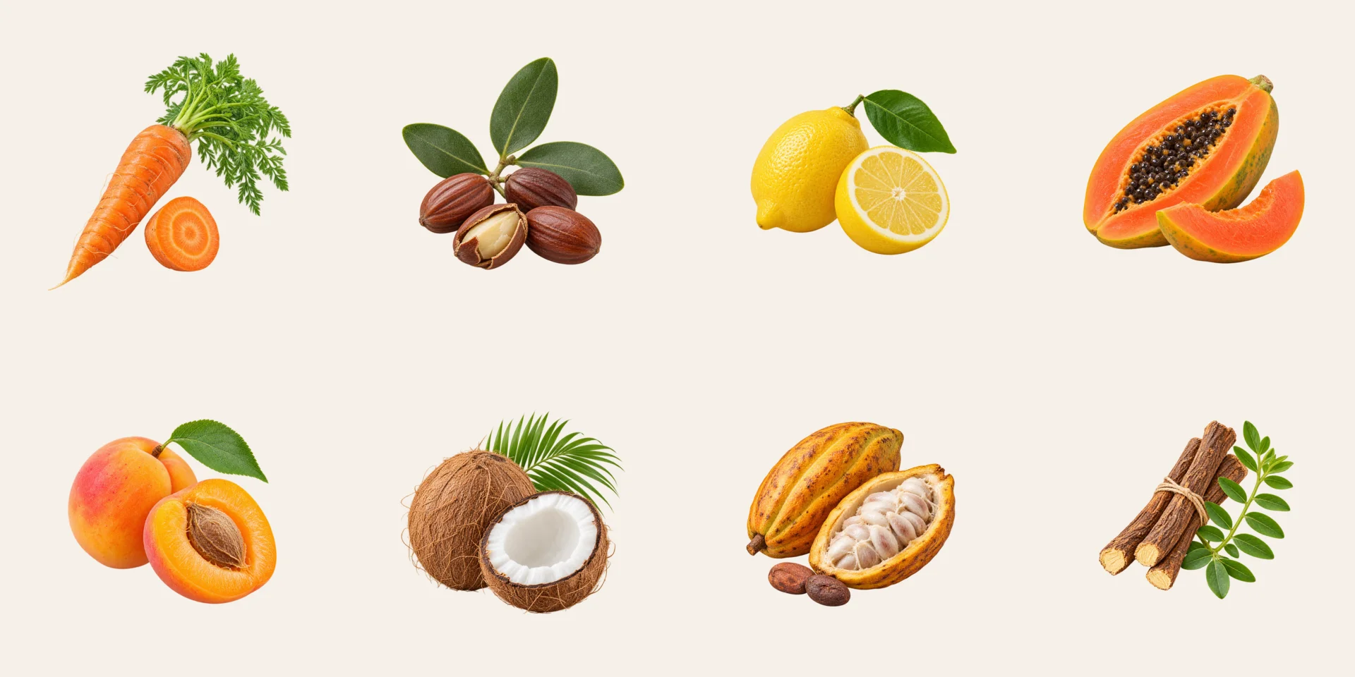 Carotte, jojoba, citron, papaye, abricot, noix de coco, cacao et réglisse sur fond crème