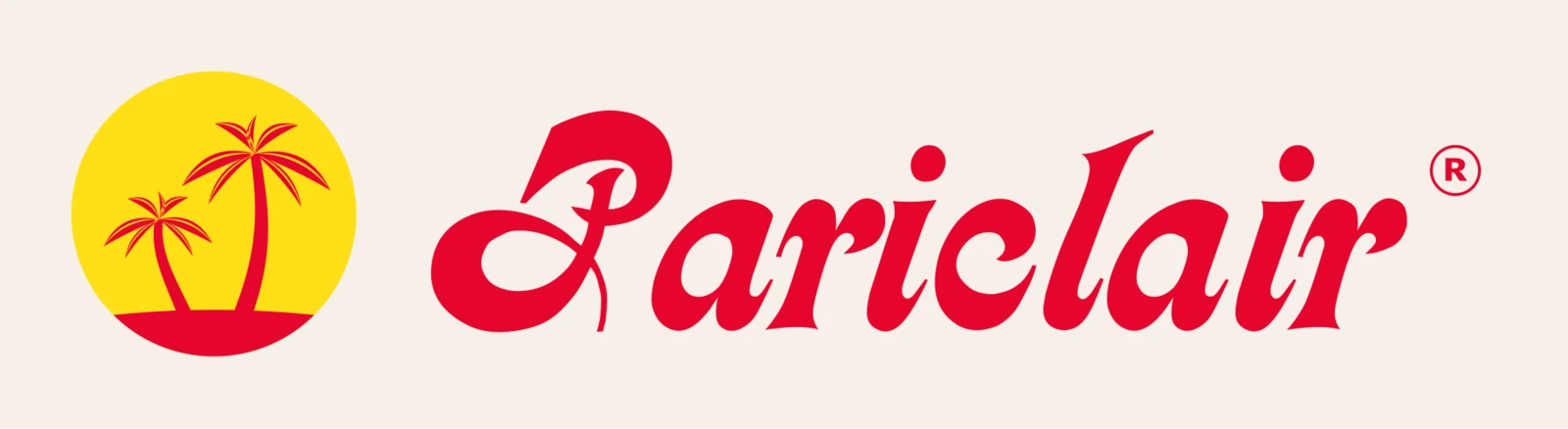 Logo Pariclair : un soleil jaune avec deux palmiers rouges, à côté du nom en script rouge