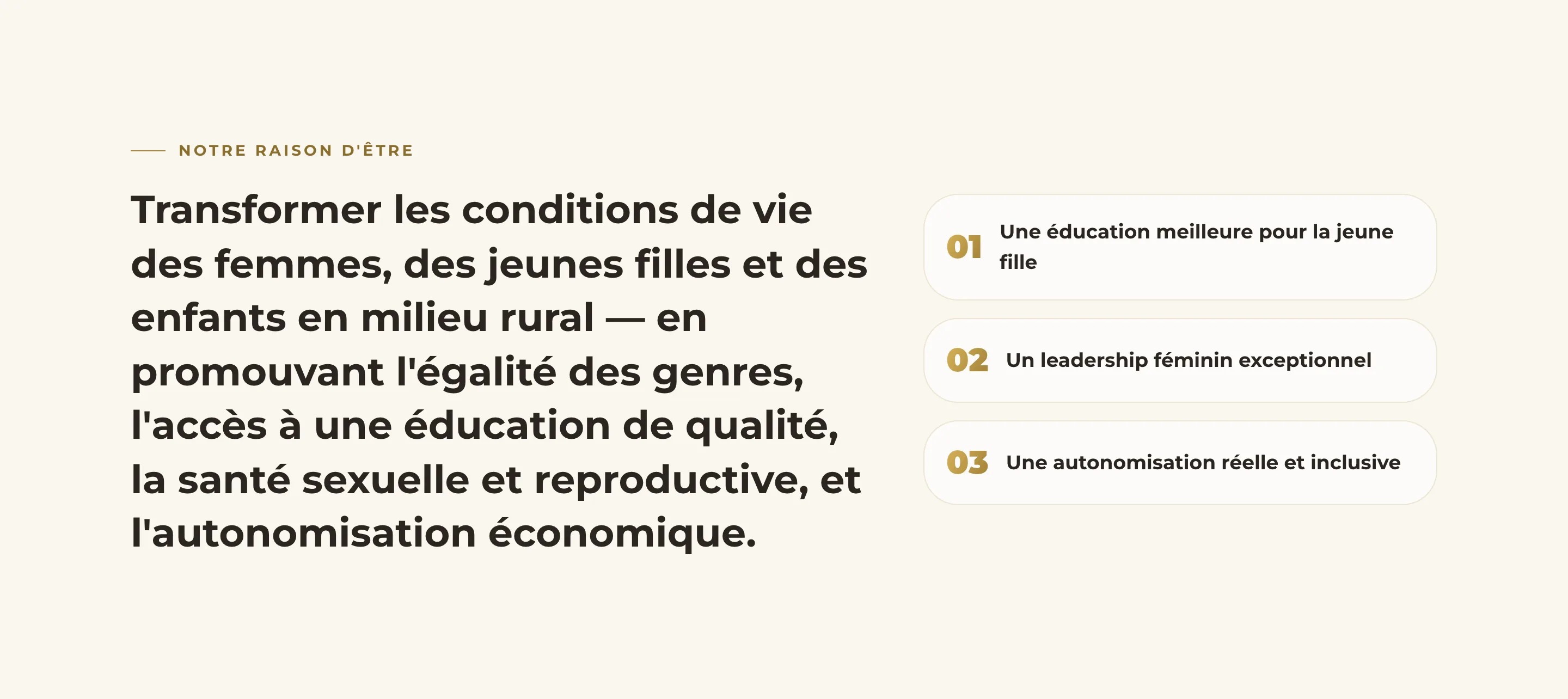 Section de l’accueil avec la phrase de mission et trois cartes numérotées