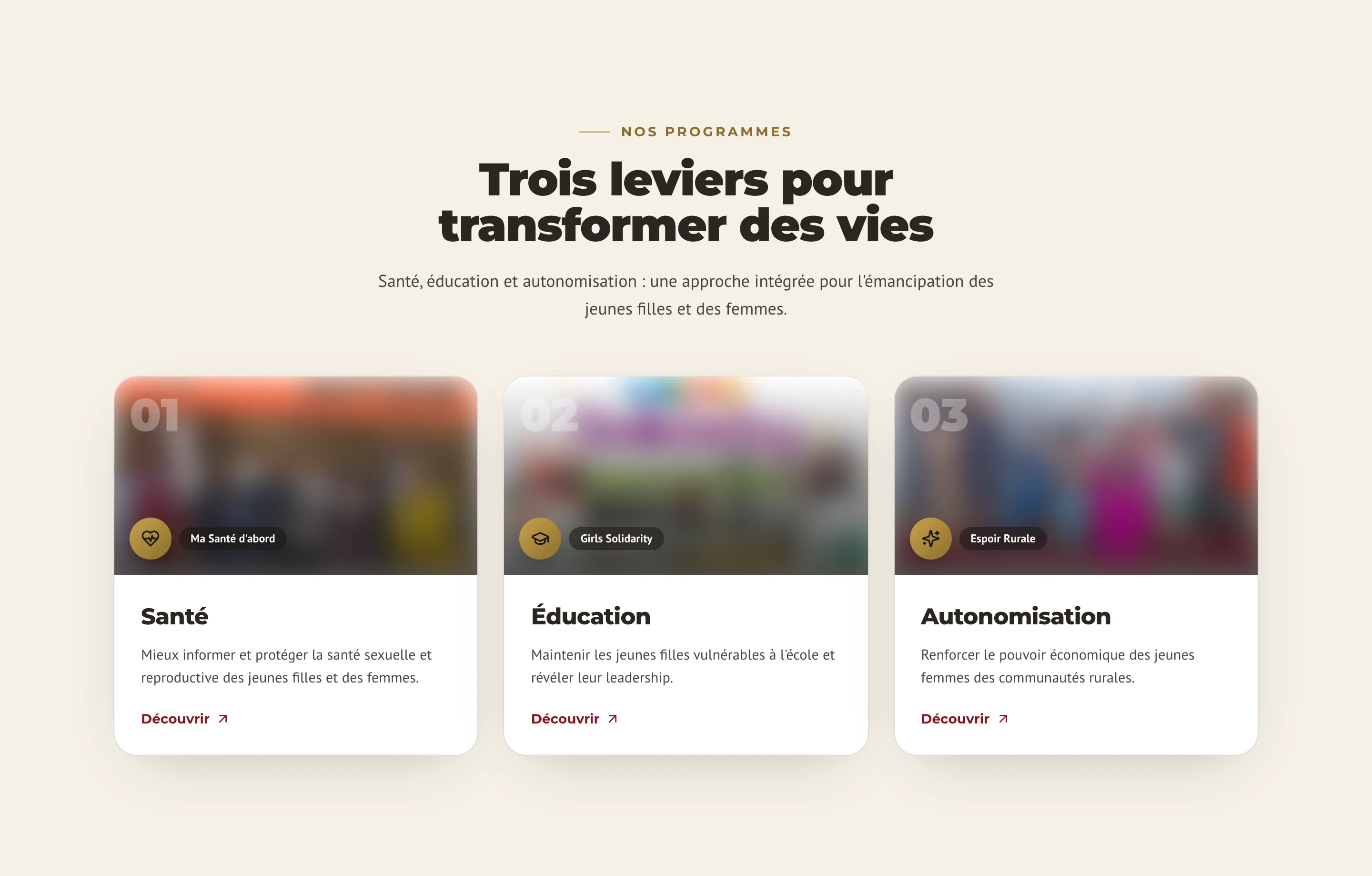 Trois cartes de programmes Santé, Éducation et Autonomisation, photos floutées