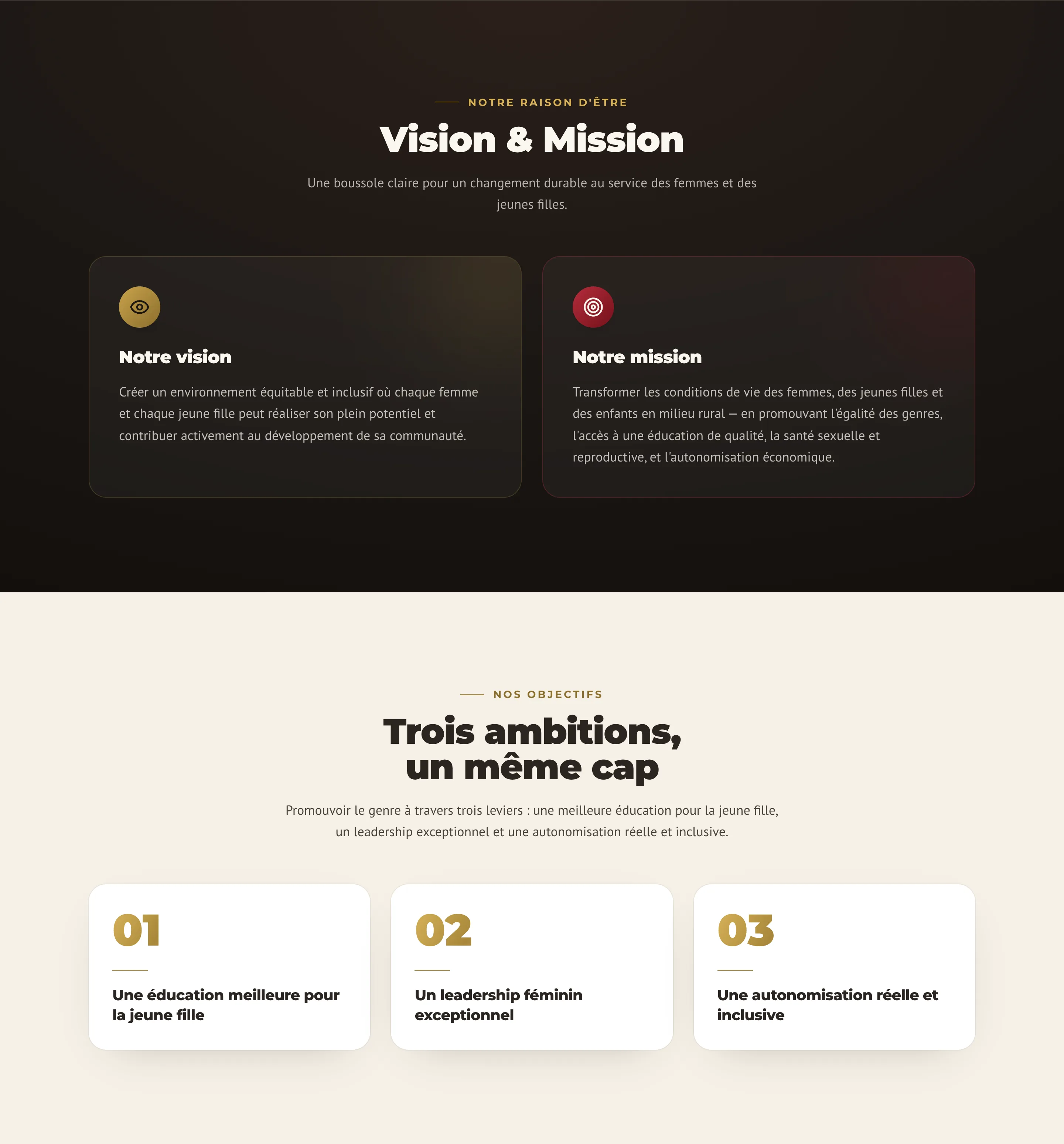 Page À propos : deux cartes Vision et Mission, puis trois cartes d’ambitions