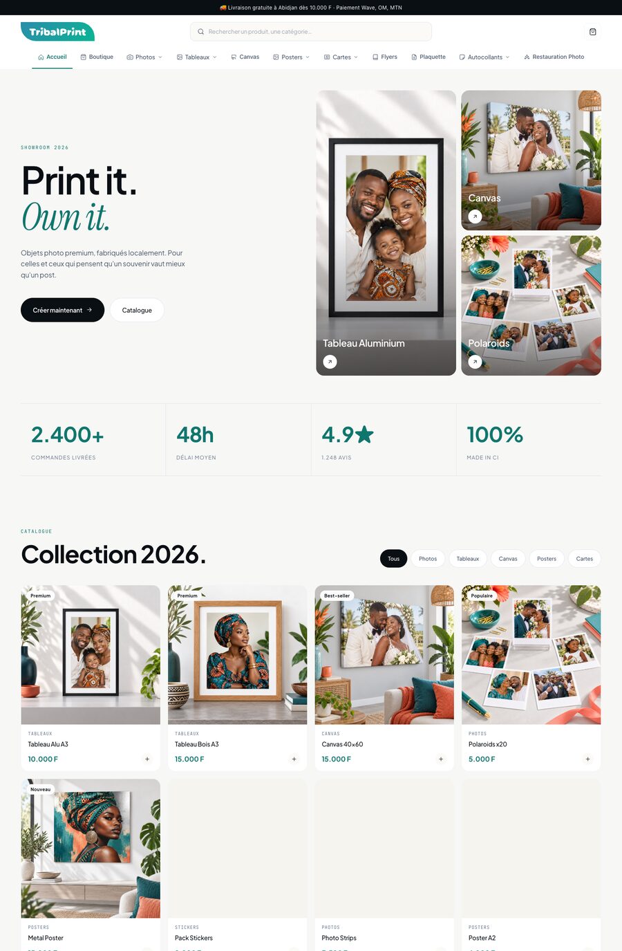 Accueil du site d’origine de Tribal Print, sur ordinateur : le menu, le titre « Print it. Own it. » et des cartes de produits