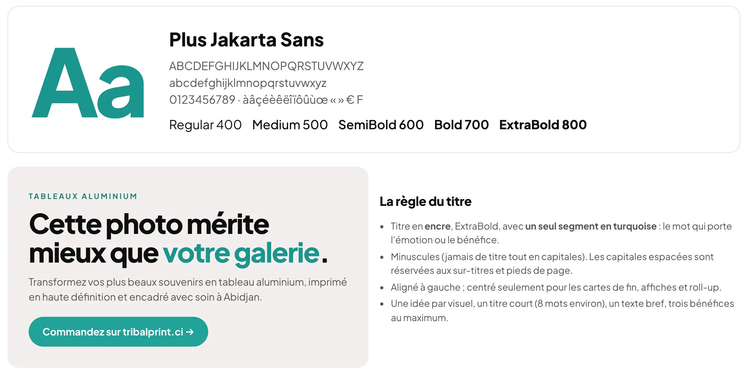 Page de la charte : la police Plus Jakarta Sans en cinq graisses, et un titre d’exemple dont « votre galerie » est en turquoise