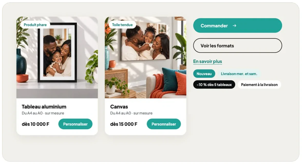 Deux cartes produit, un bouton turquoise, un bouton à contour, un lien souligné et des pastilles