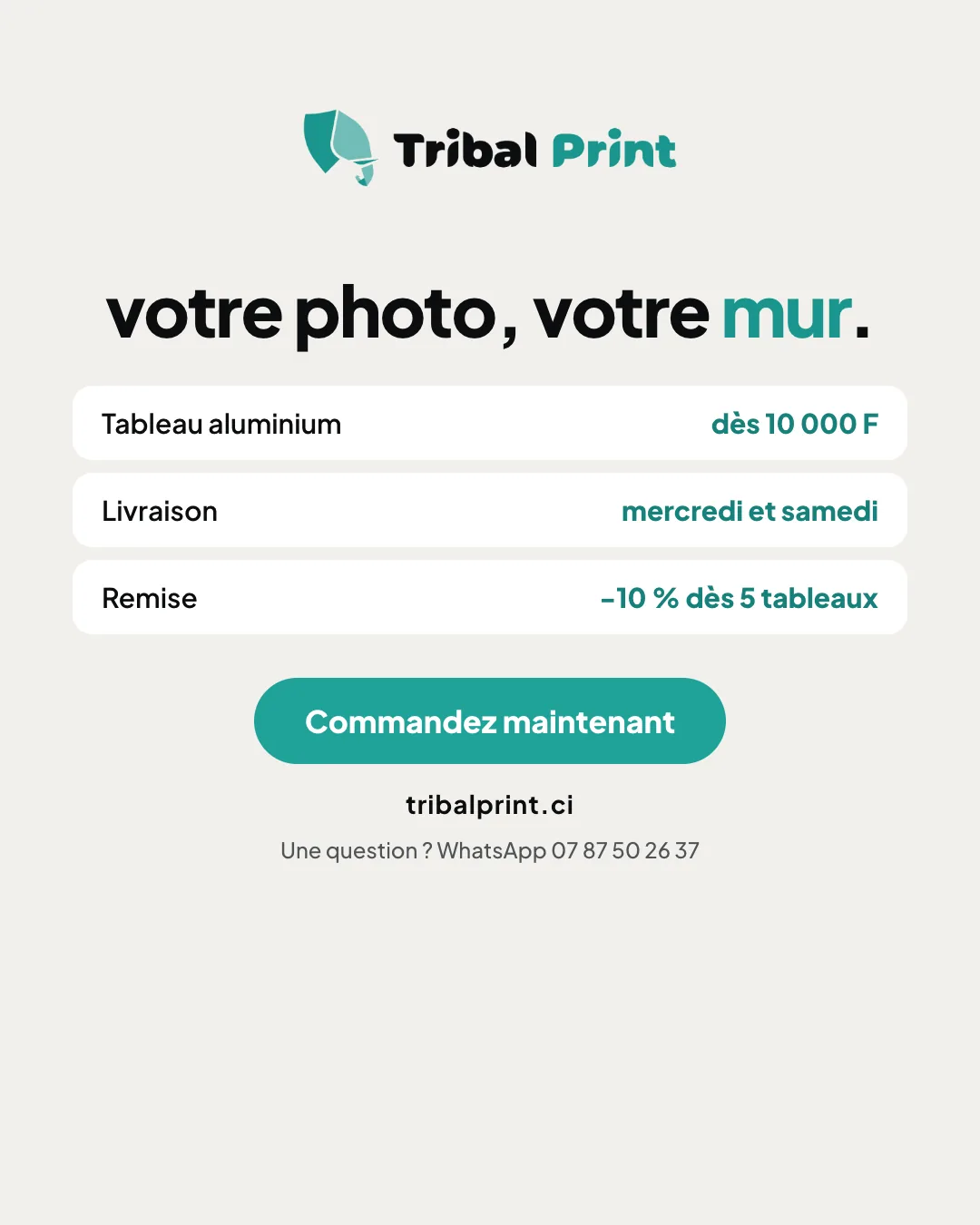 Diapositive 6 sur 6 : le récapitulatif « Votre photo, votre mur. » avec le prix, la livraison, la remise et un bouton pour commander