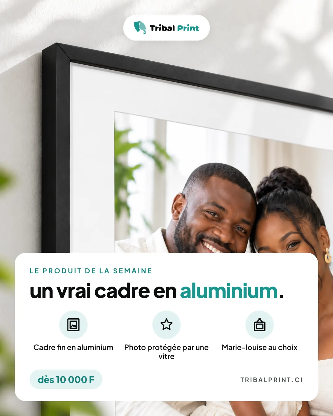 Publication Instagram : un cadre noir en aluminium vu de près, titre « Un vrai cadre en aluminium. »
