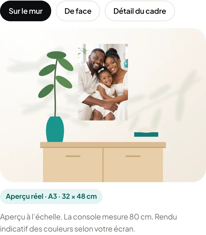 Le site sur téléphone : l’aperçu du tableau sur un mur, avec les choix « Sur le mur », « De face » et « Détail du cadre »