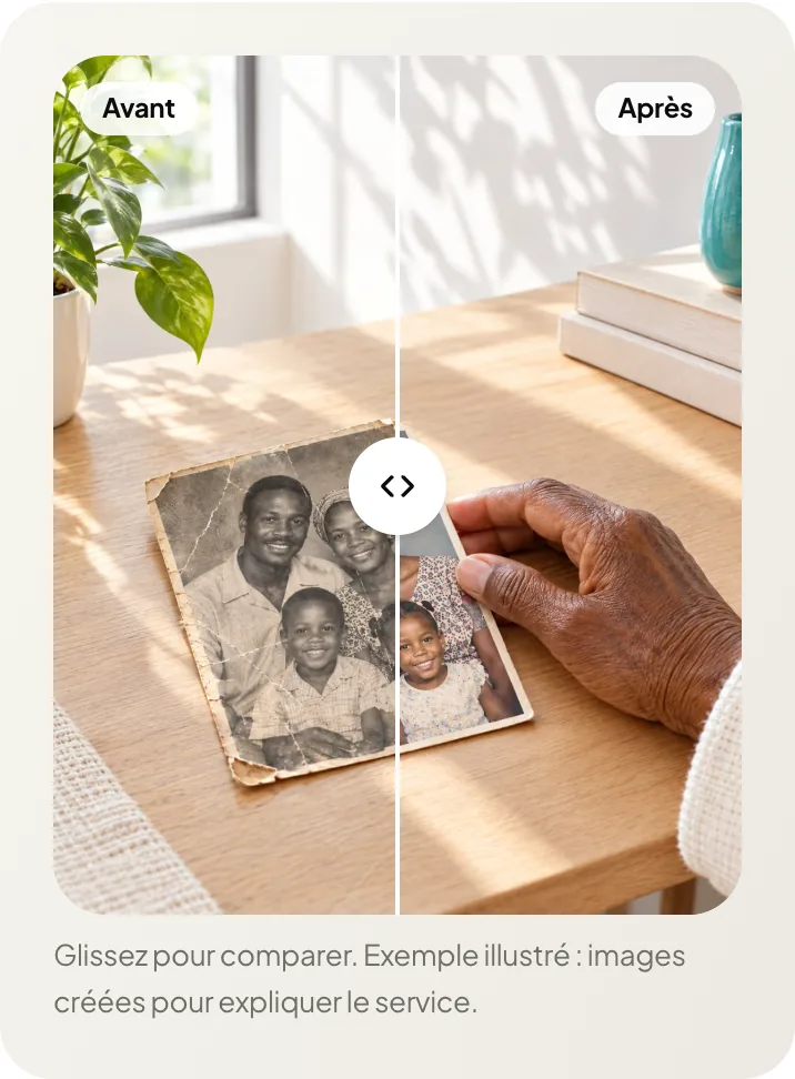 Le site sur téléphone : un curseur compare une vieille photo avant et après restauration
